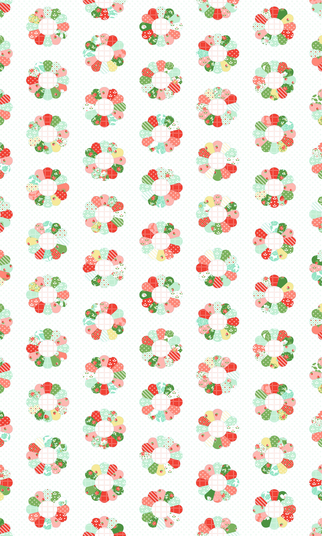 Pattern with red, green, and gold colors on a white background.