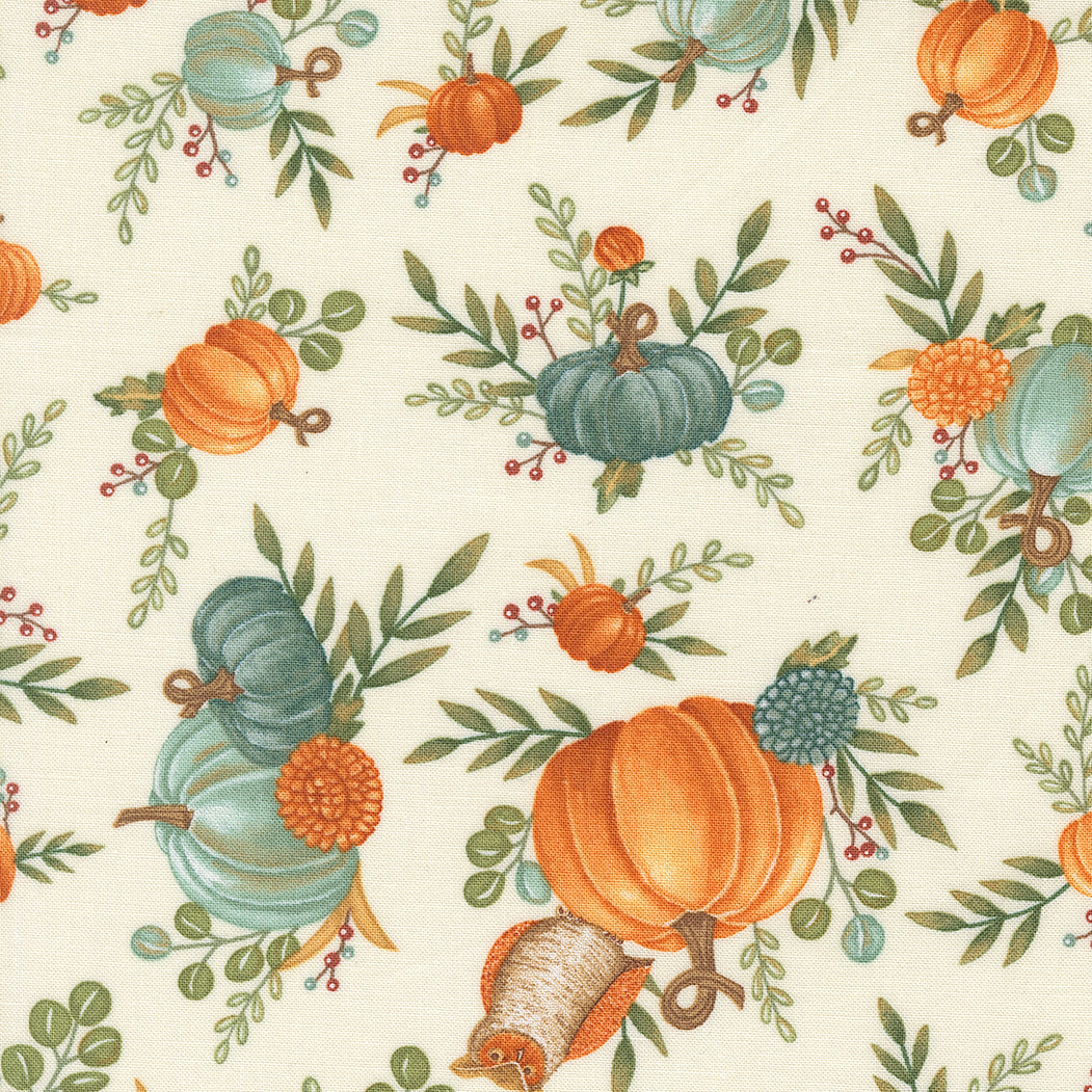 Pattern of pumpkins and leaves on a beige background