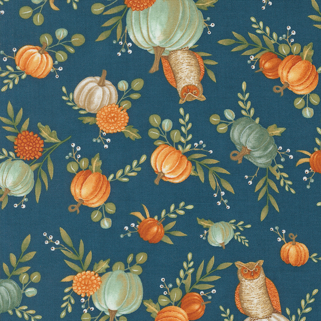 Pattern of pumpkins, owls, and leaves on a blue background