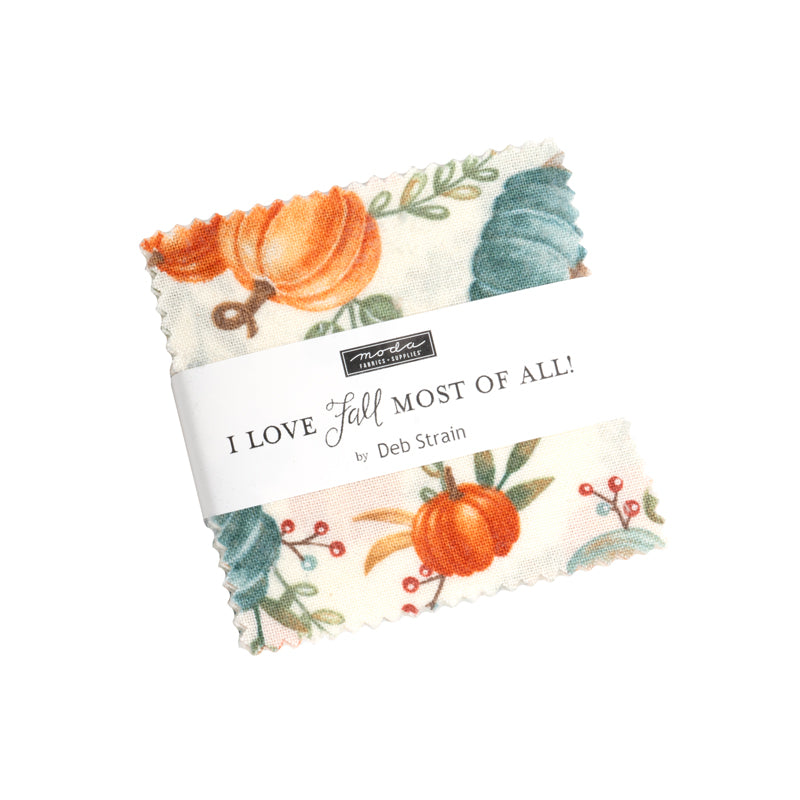 Fabric swatch with pumpkin and leaf pattern and 'I Love Fall Most of All!' text on a white background