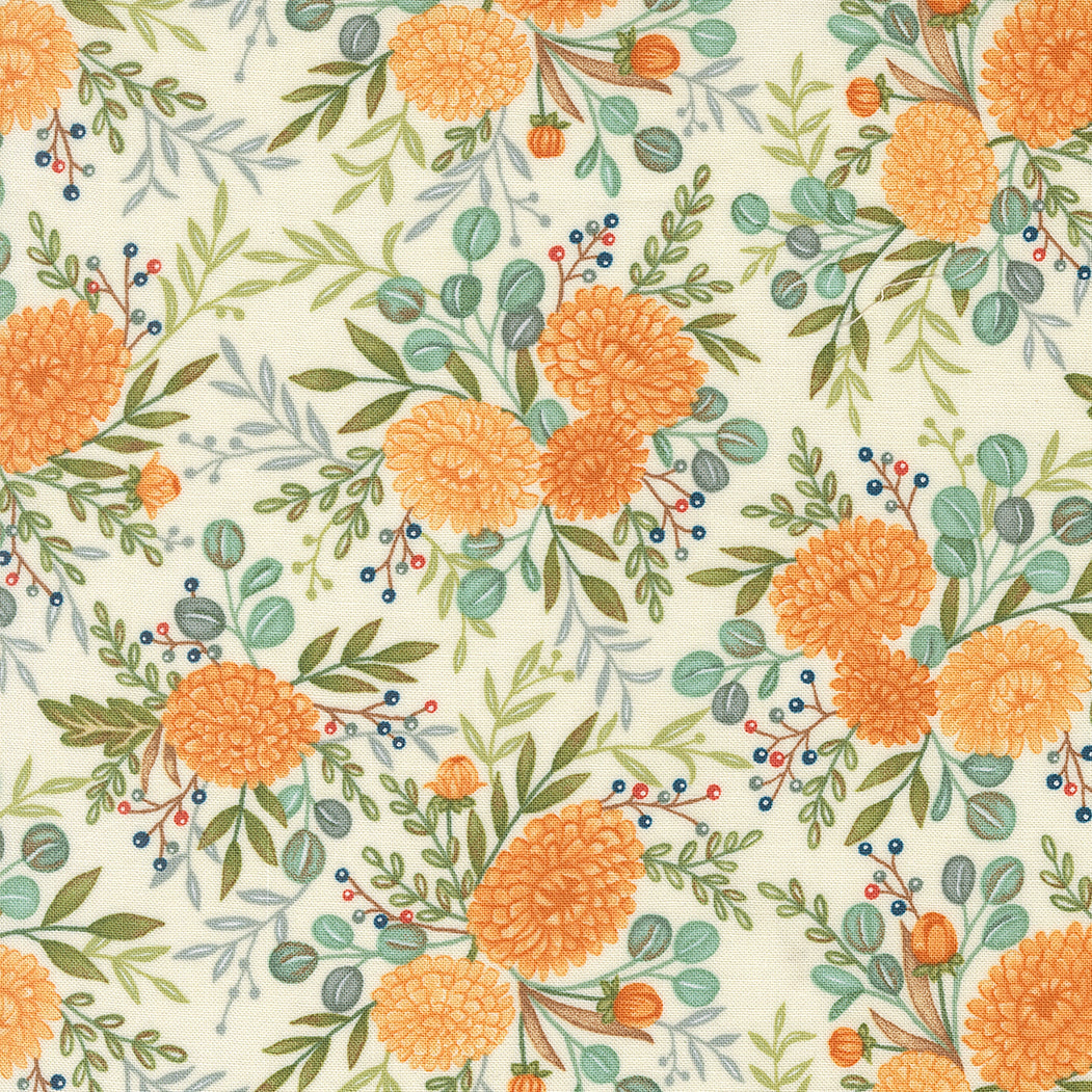 Floral pattern with orange flowers and green leaves on a light background