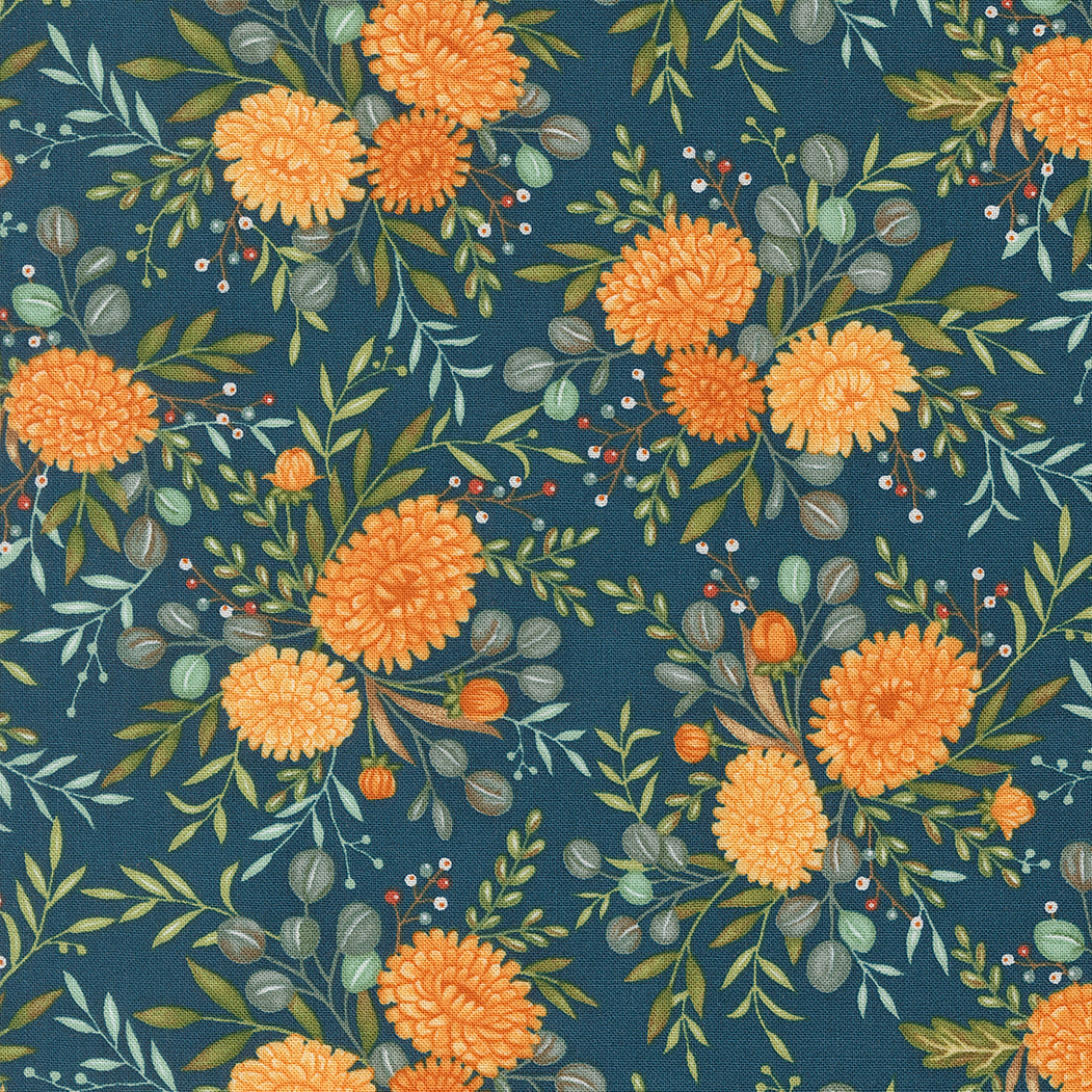 Floral pattern with orange flowers and green leaves on a blue background