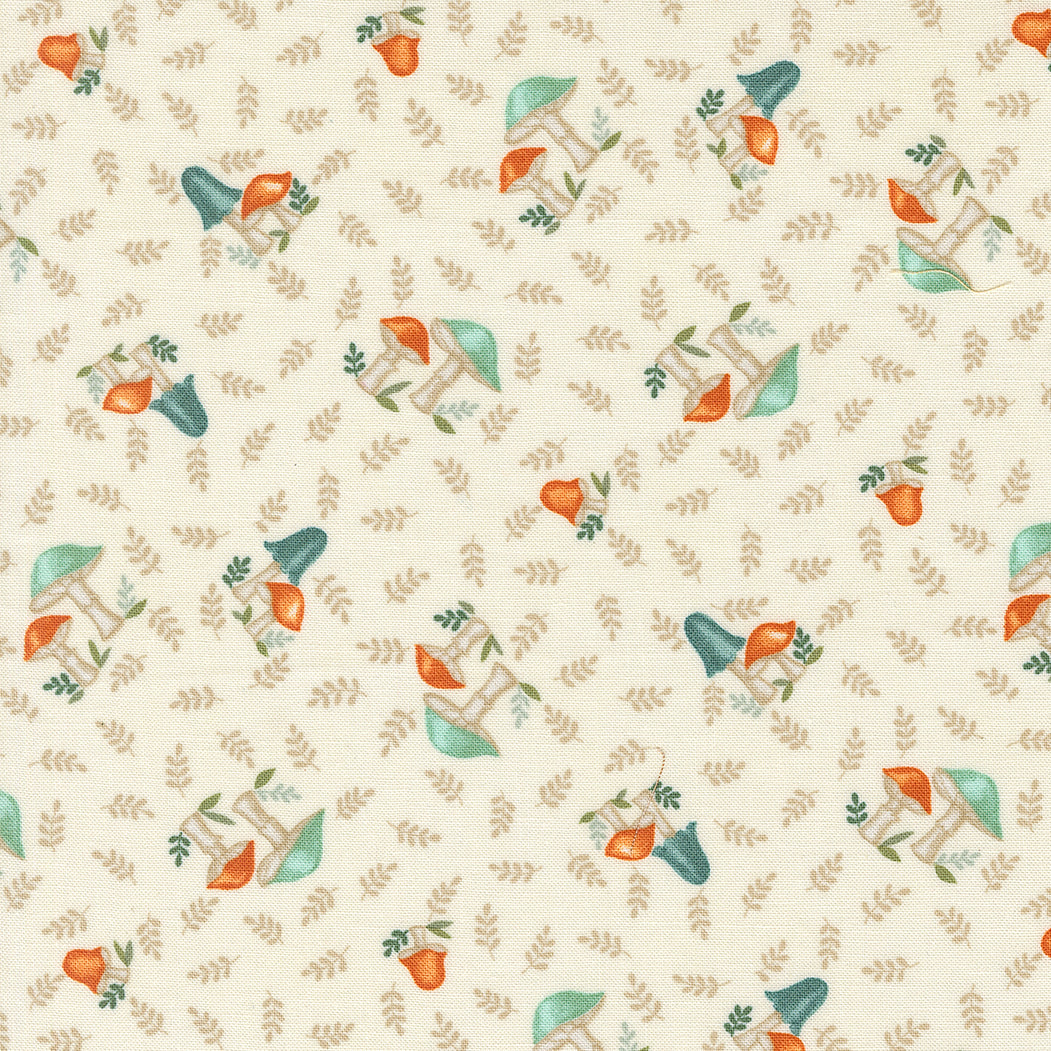 Pattern of colorful mushrooms and leaves on a beige background