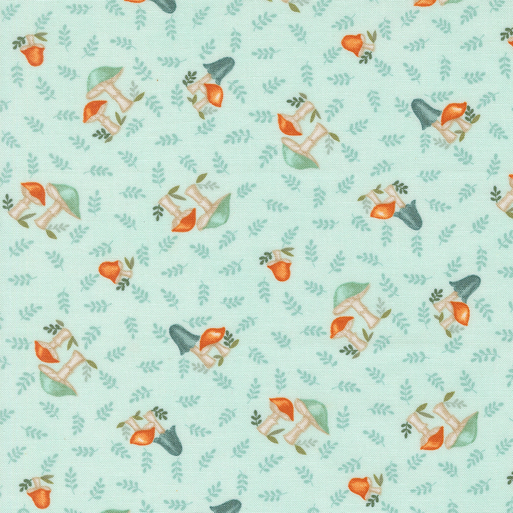 Pattern of cartoon mushrooms and acorns on a light blue background