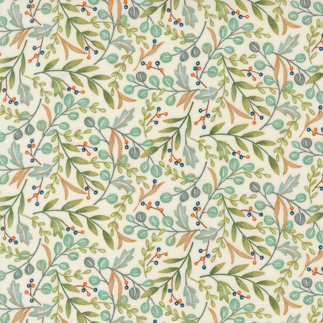Pattern of green leaves and branches on a beige background