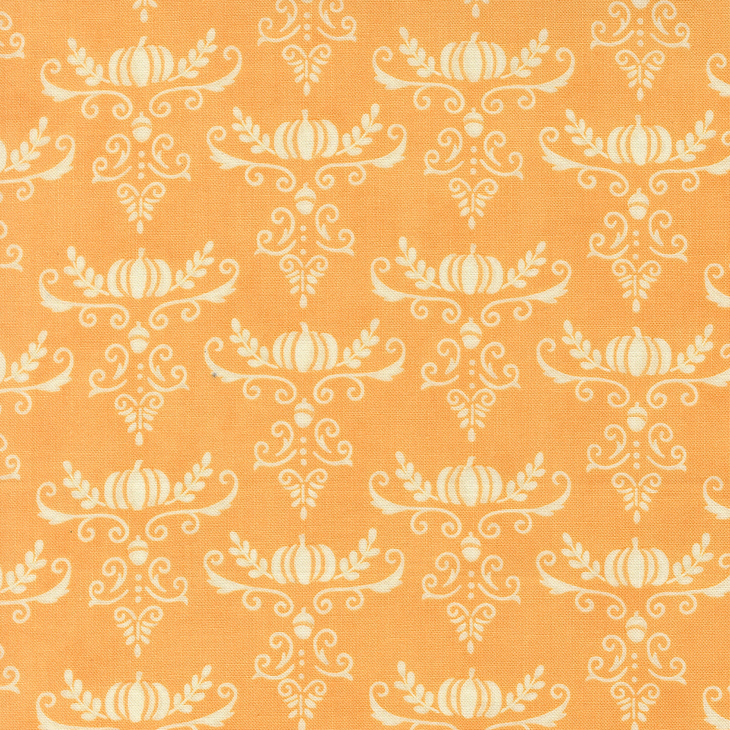 Pattern of white pumpkins and leaves on a mustard yellow background
