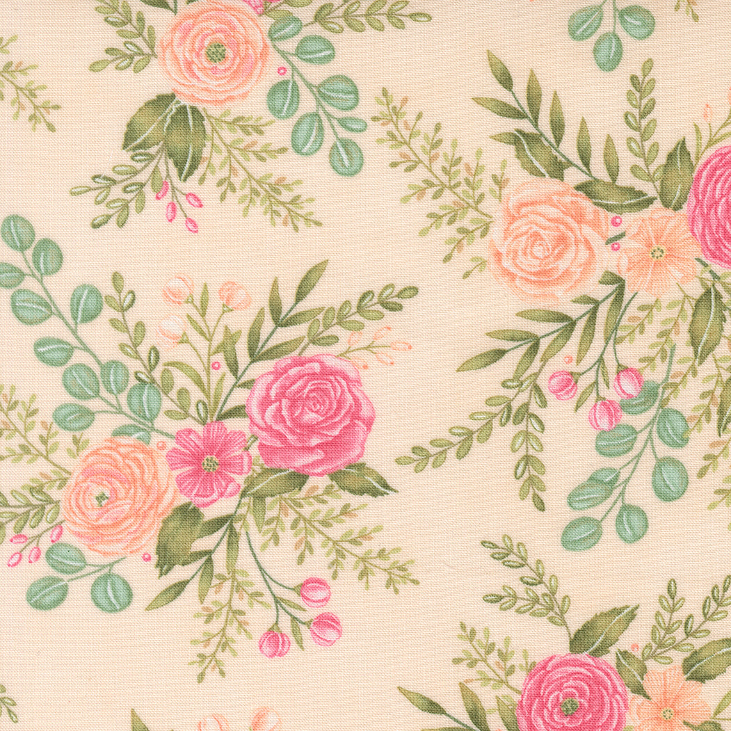 Floral pattern with pink and green flowers on a beige background