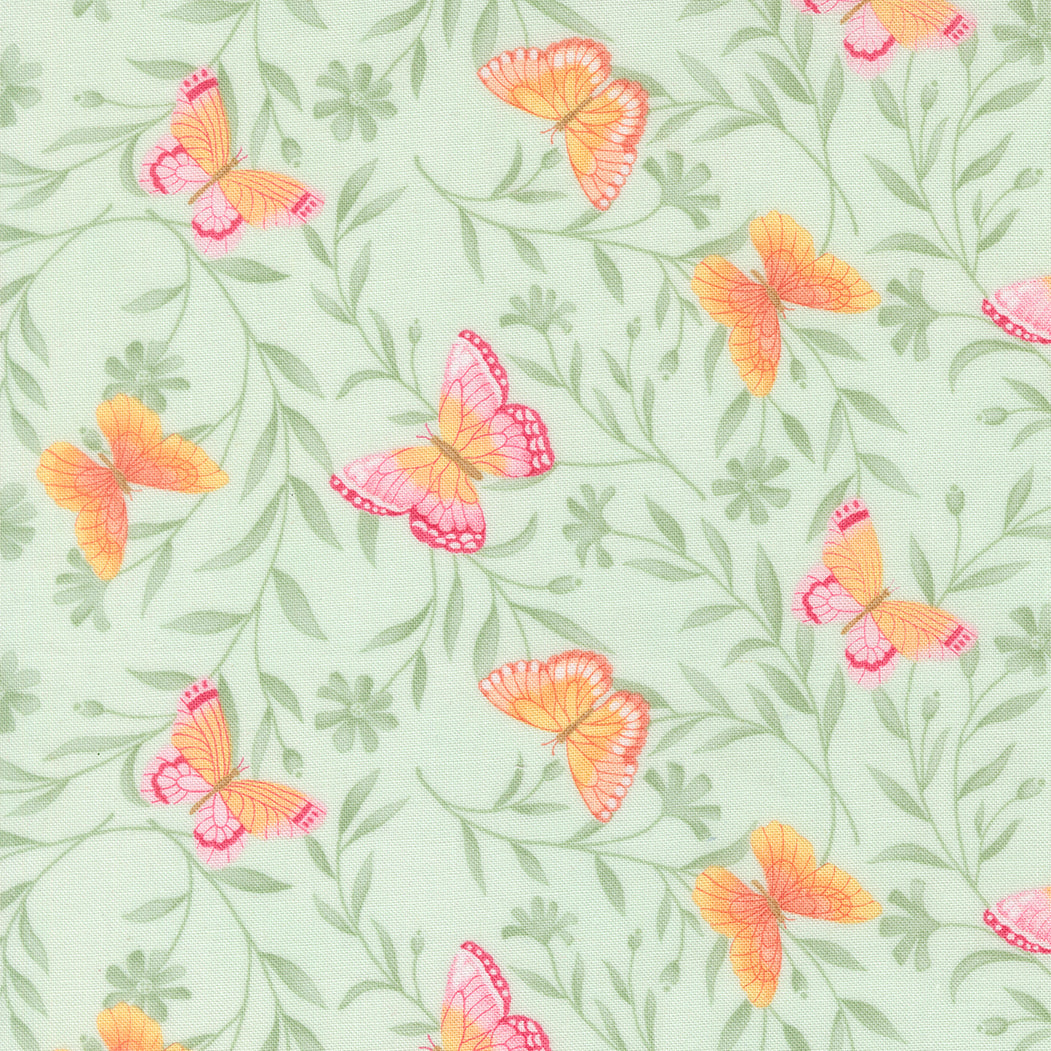 Butterfly and leaf pattern on a light green background