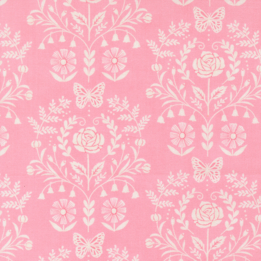 White floral and butterfly pattern on a pink background