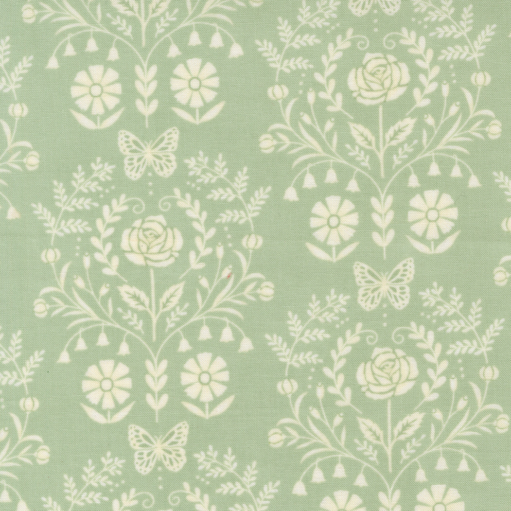 Decorative pattern with flowers and butterflies on a green background