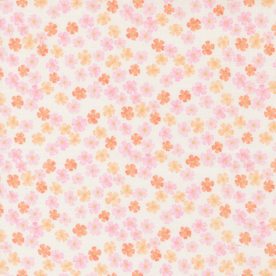 Pattern of small pink and orange flowers on a light pink background