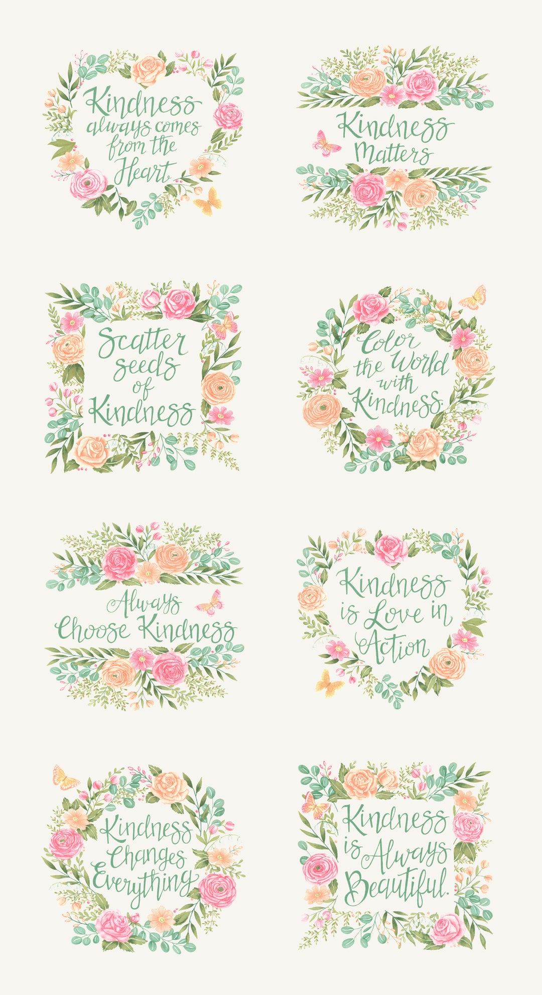 Set of floral wreaths with inspirational quotes on a white background