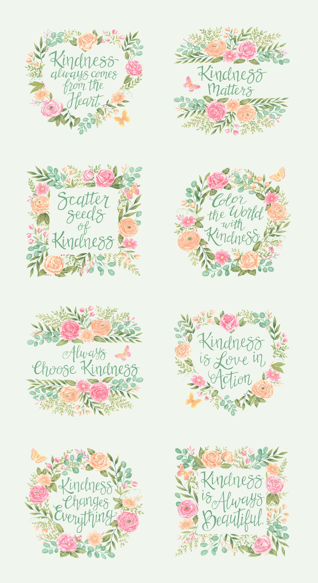 Set of floral wreaths with inspirational quotes on a light green background