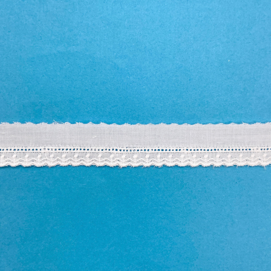 White lace trim on a blue background