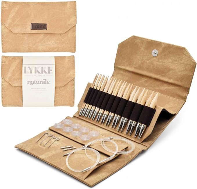 Tan case with wooden knitting needles