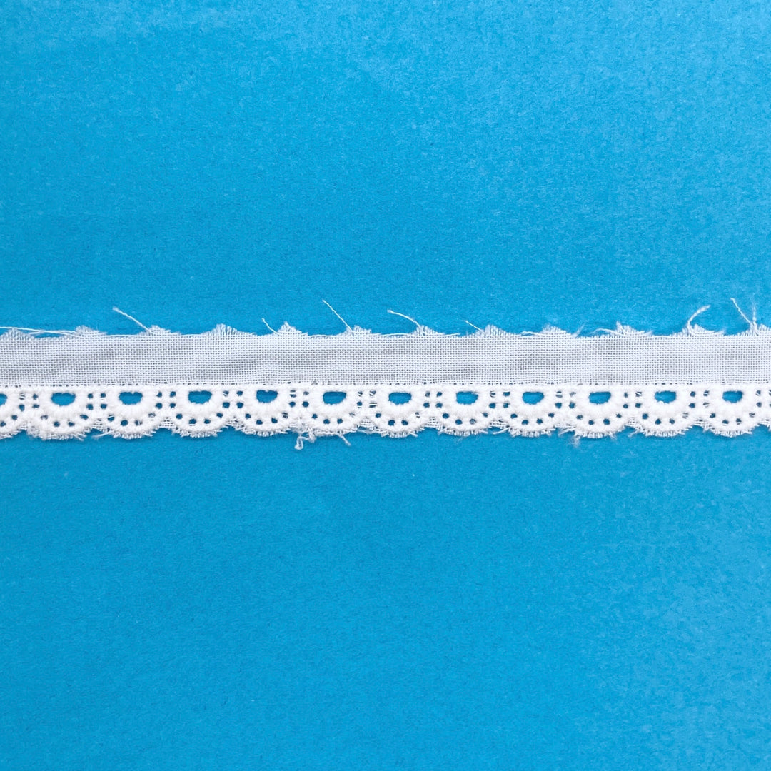 White lace trim on a blue background