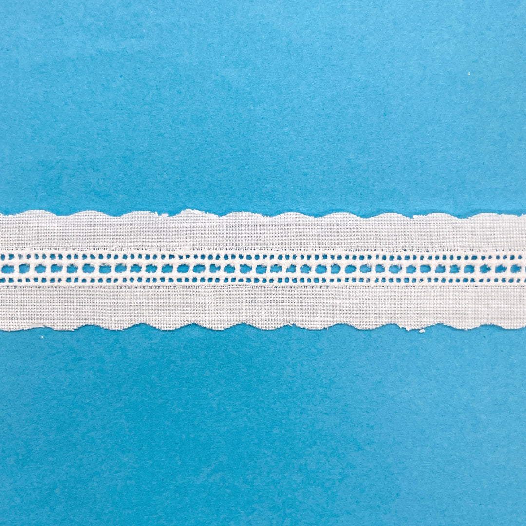 White lace trim on a blue background