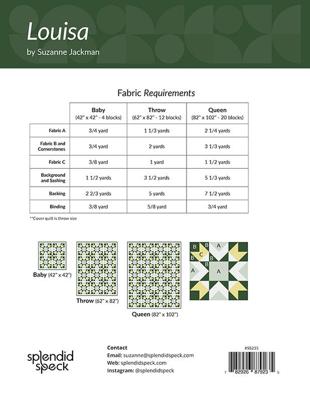 Louisa quilt pattern fabric requirements for a baby, throw, and queen size