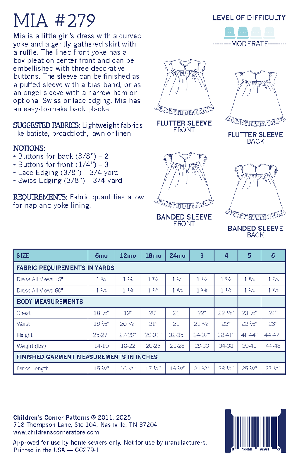 Pattern envelope for a children's dress with fabric requirements and measurements.