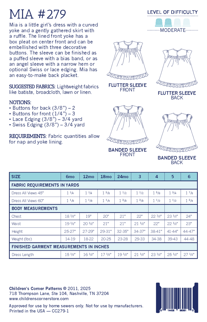 Pattern envelope for a children's dress with fabric requirements and measurements.