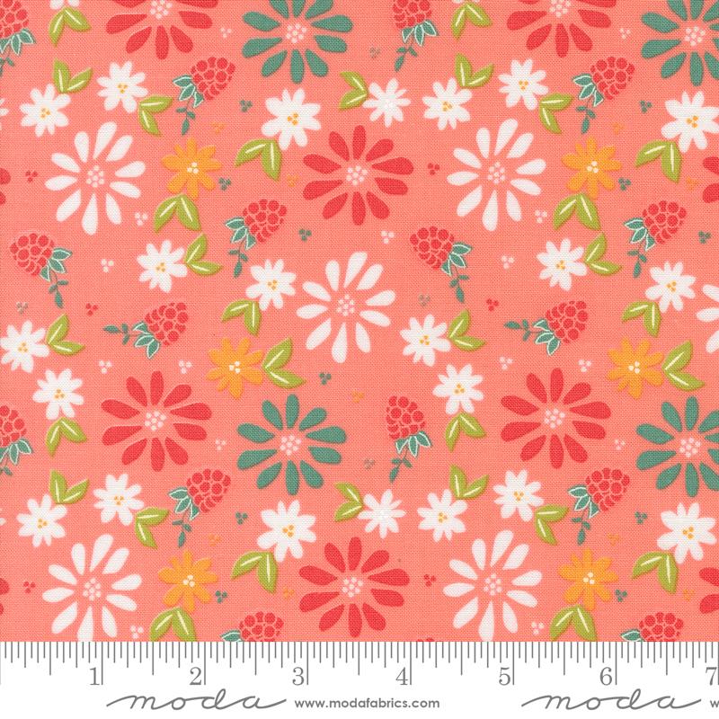 Pink background with colorful spring flowers and red berries