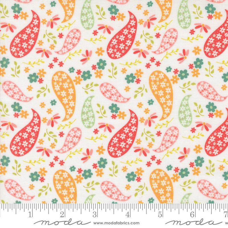 White background with red, pink, orange, green paisley design