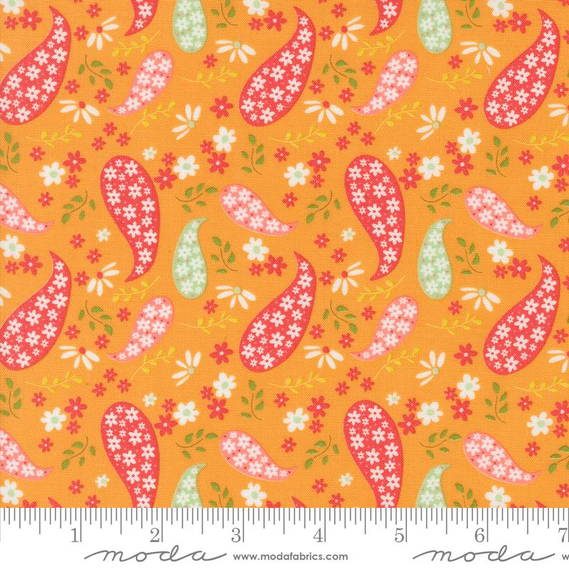 Orange background with red, pink, green paisley design