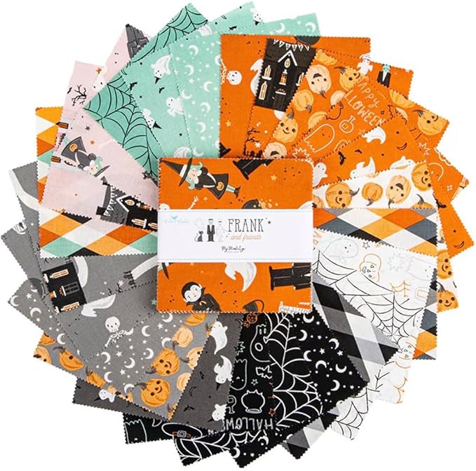 Collection of Halloween-themed fabric squares with various patterns on a white background.