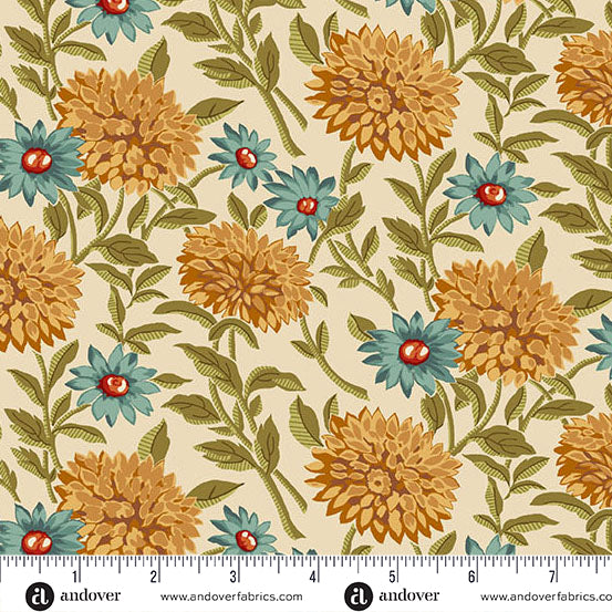 fabric swatch with gold and light blue florals and greenery on an off white background
