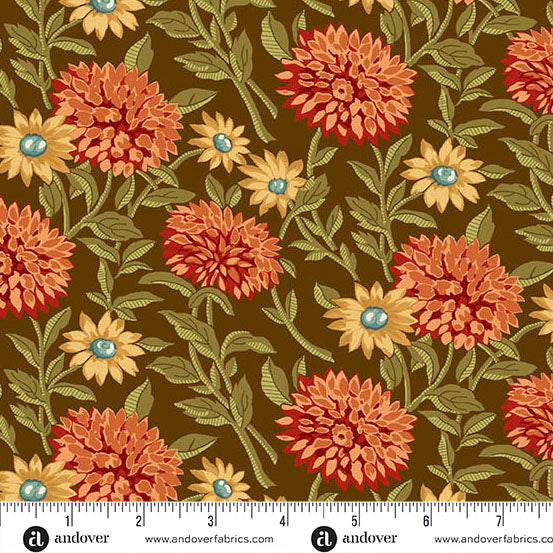 fabric swatch with red and light yellow florals and greenery on a brown background