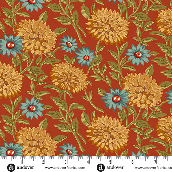 fabric swatch with gold and blue florals and greenery on a burnt red orange background