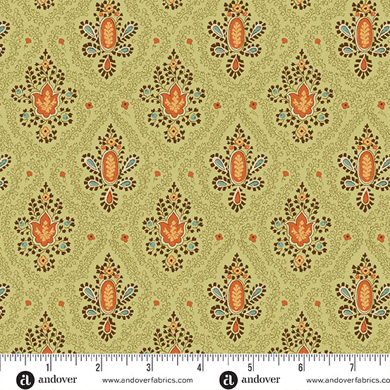 fabric swatch with a diamond pattern of brown, red and blue florals on a light green background