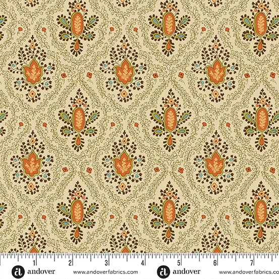 fabric swatch with a diamond pattern of orange, yellow and brown florals on an off white background