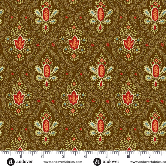 fabric swatch with a diamond pattern of light green, red and blue florals on a brown background