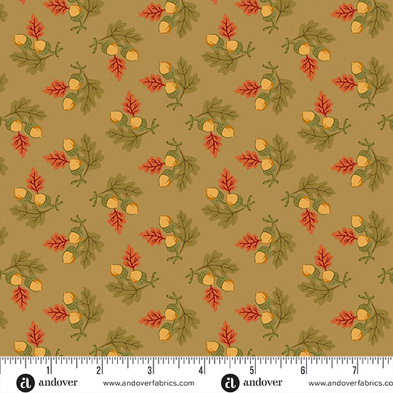 fabric swatch with a geometric pattern of various bunches of acorns with green and red leaves on a light brown background