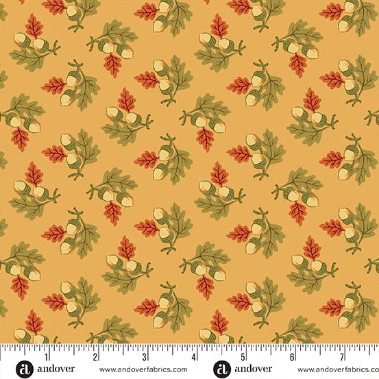 fabric swatch with a geometric pattern of various bunches of acorns with green and red leaves on a light orange background