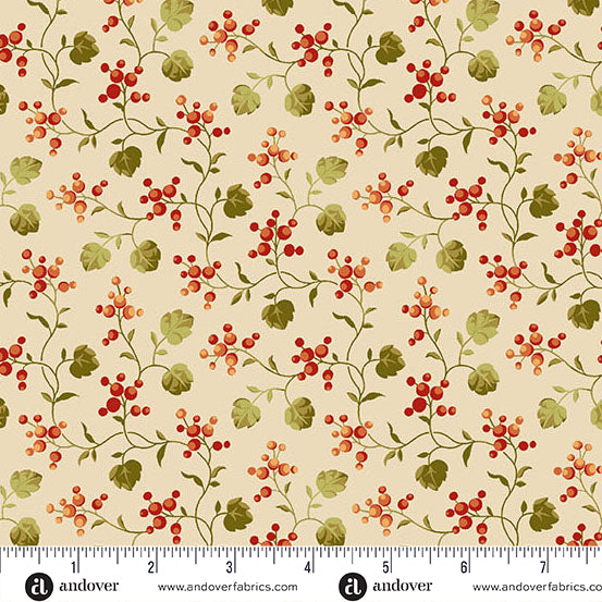 fabric swatch with a geometric pattern of red berry clusters and green vines, all on an off white background