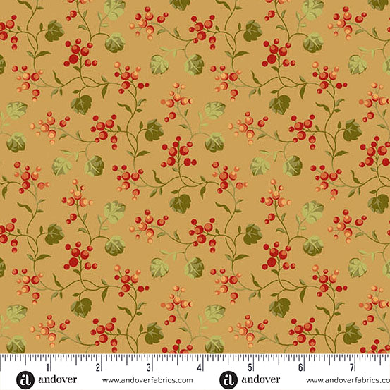 fabric swatch with a geometric pattern of red berry clusters and green vines, all on a  yellowish brown background