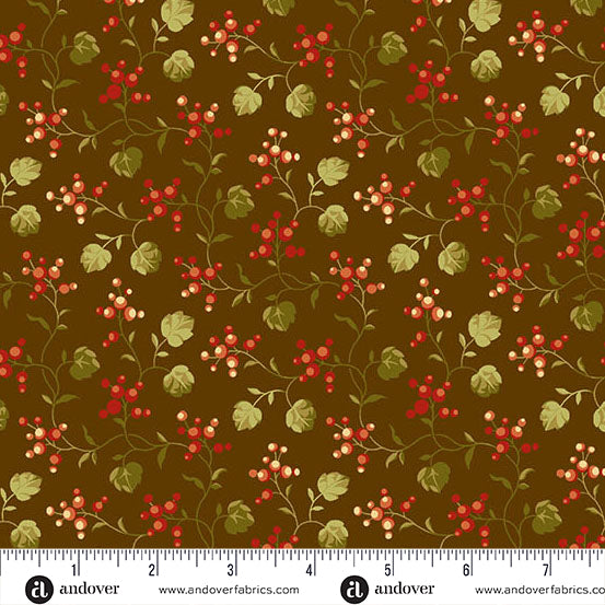 fabric swatch with a geometric pattern of red berry clusters and green vines, all on a brown background