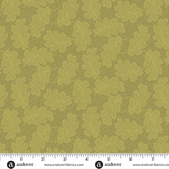fabric swatch with a geometric pattern of light green oak leaves on a slightly darker green textured background