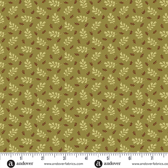 fabric swatch with a geometric pattern of light green and brown leaf sprigs on a darker green background