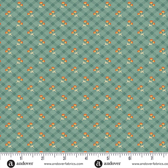 fabric swatch with a geometric print of small orange and off white flower clusters on a background of diagonal teal gingham