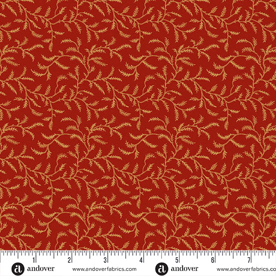 fabric swatch of a geometric print of a light orange fern silhouette on a dark red background