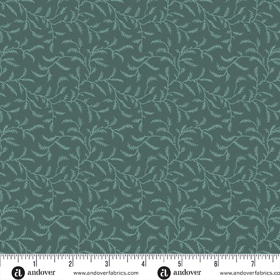 fabric swatch of a geometric print of a light teal fern silhouette on a darker teal background