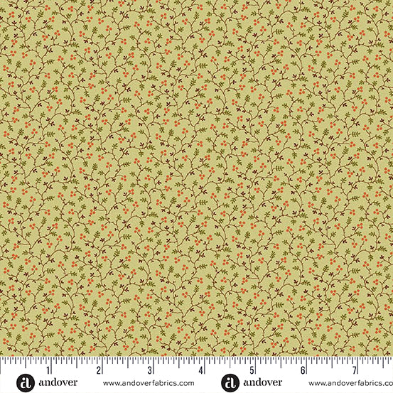 fabric swatch with a geometric print of small red berry clusters connected by brown and green vines all on a light green background