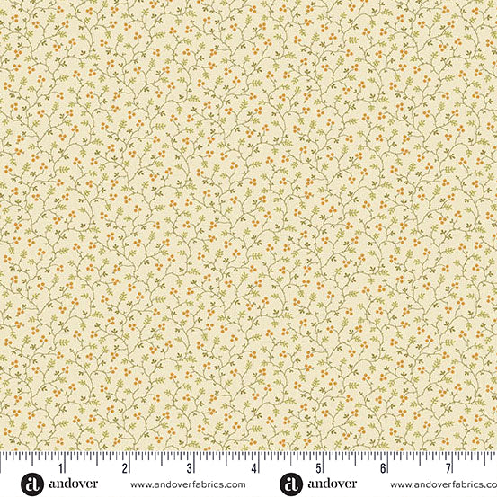 fabric swatch with a geometric print of small orange berry clusters connected by green vines all on cream white background
