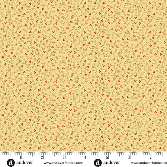 fabric swatch with a geometric print of small red berry clusters connected by green vines all on a light yellow background