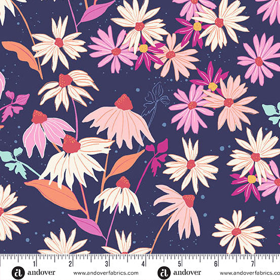 Floral pattern with pink, white, and orange flowers on a dark blue background, featuring Andover Fabrics branding.