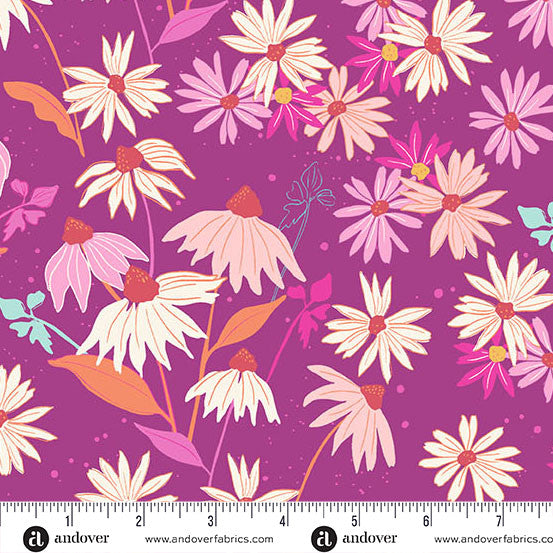 Floral pattern with pink and white flowers on a purple background, featuring Andover Fabrics branding.