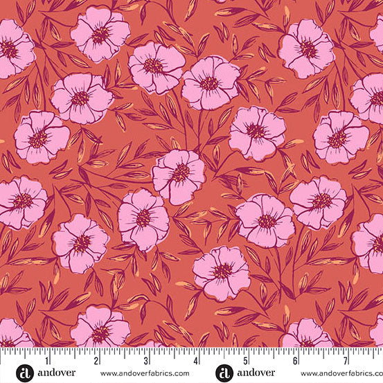 Pink floral pattern on a red background with a ruler at the bottom for scale.